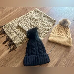 Time and Tru Black and Tan Knit Beanie Set with Leopard Scarf